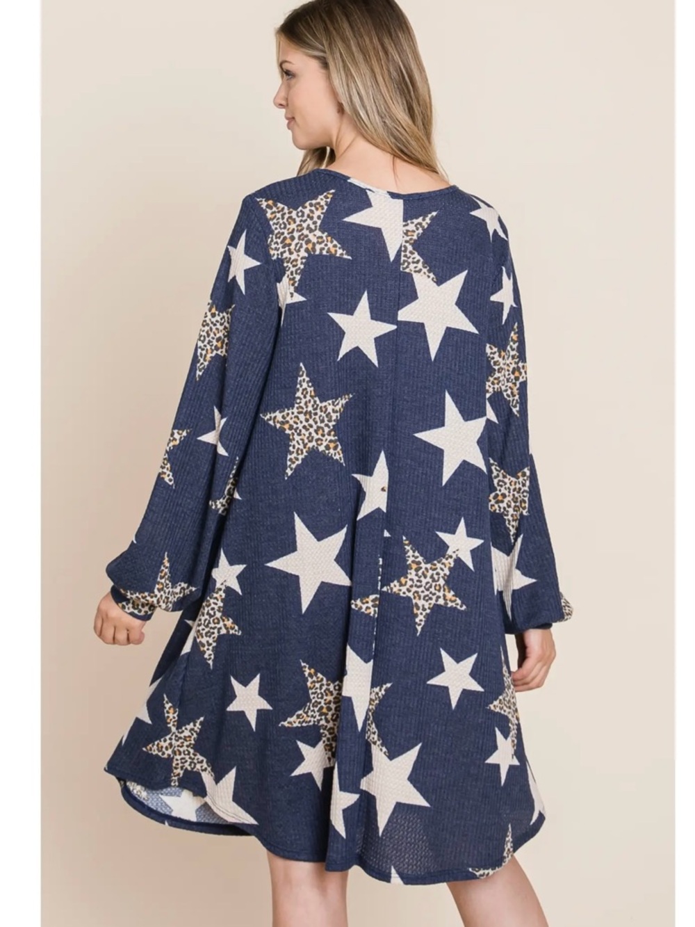 Navy Star Print Long Sleeve Swing Dress - Picture 2 of 4